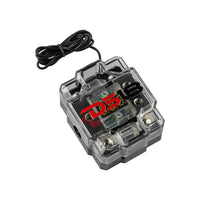 DS18 FDG1224AFS-80A ANL Fuse Holder and Distribution Block 0GA In - 2x4GA Out with Voltmeter - front view | Silarius