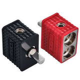 Dual 1/0-GA to 1/4-GA Amp Input Reducers with Offset Stub and Silicone Cover - BLACK/RED - rear view | Silarius