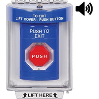 STI SS2449PX-EN Stopper Station Push Button with Universal Cover, Horn, Flush Mount, Turn-to-Reset Illuminated, 'PUSH TO EXIT' Label, Blue
