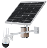 A PTZ surveillance camera with a solar panel on its back, attached to a mounting arm.