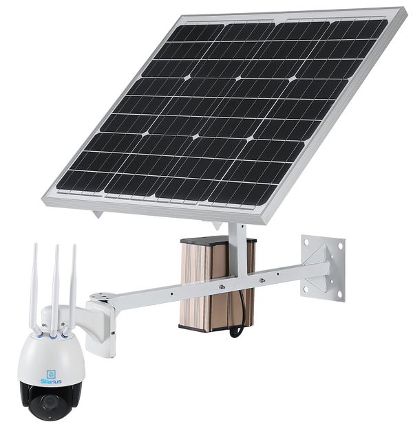 A PTZ surveillance camera with a solar panel on its back, attached to a mounting arm.