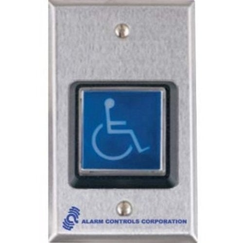 Alarm Controls TS-4-2T Request to Exit Station with Momentary DPDT Output, 2" Blue Square Push Button, ADA Symbol, Single Gang, 430 Stainless