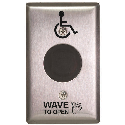 Camden CM-332-42S Wired Touchless Switch, Stainless Steel Faceplate, Hand Icon, 'Wave To Open' Text and Wheelchair Symbol