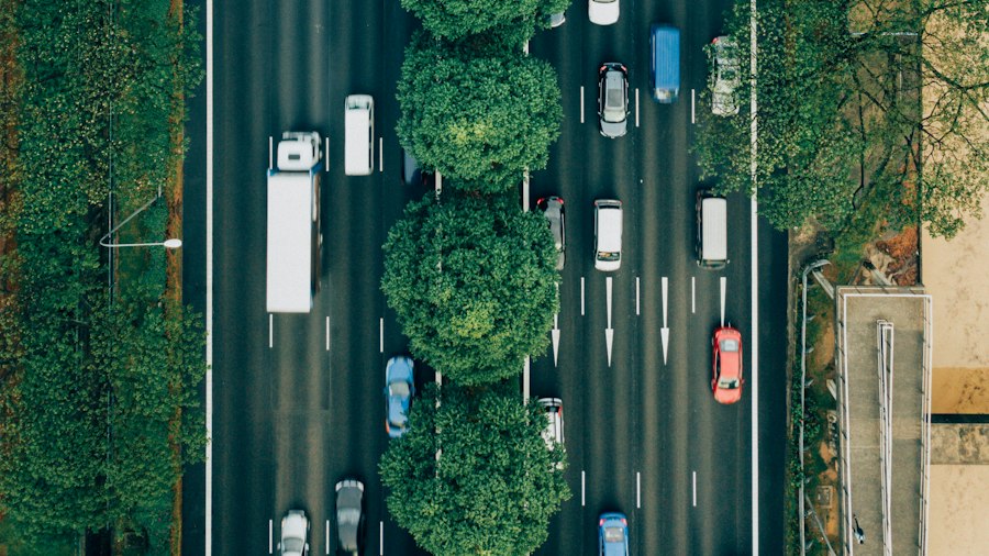 Aerial view of vehicles travelling along a highway