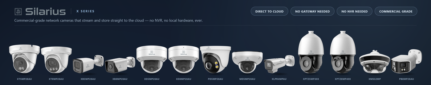 Silarius X Series commercial-grade network cameras that stream and store straight to the cloud, with no NVR and no gateway: XT5MP28AU, XT8MP28AU, XB5MP28AU, XB8MP28AU, XD5MP28AU, XD8MP28AU, PD5MP28AU, MD5MP28AU, XLPR4MPAU, XPTZ5MP30X, XPTZ8MP40X, XMS32MP and PB8MP28AU